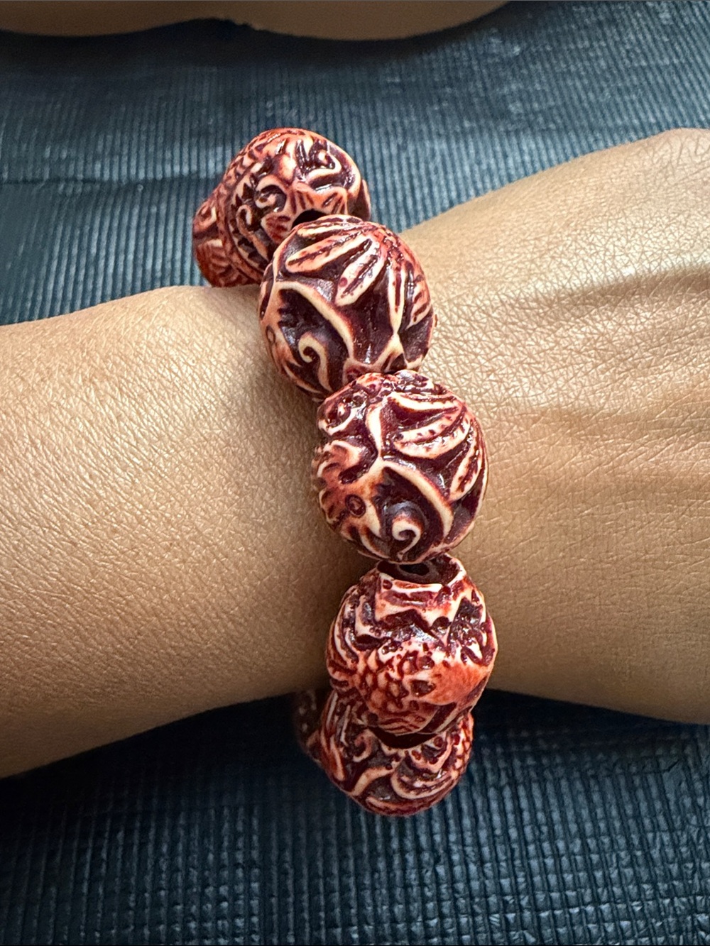 Handcrafted Red Carved Bead Bracelet - elastic Women's Jewelry